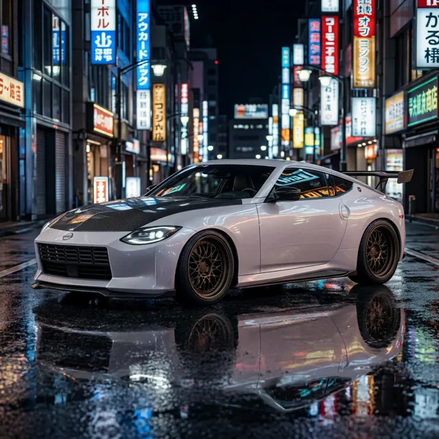 The same coupe in pearl white with bronze wheels on a wet neon street