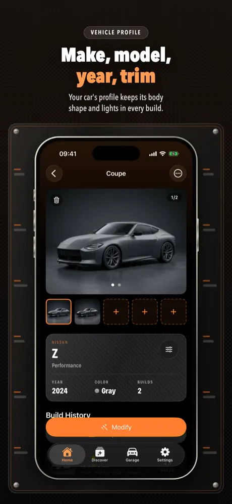 Vehicle profile with make, model, year, trim and factory color